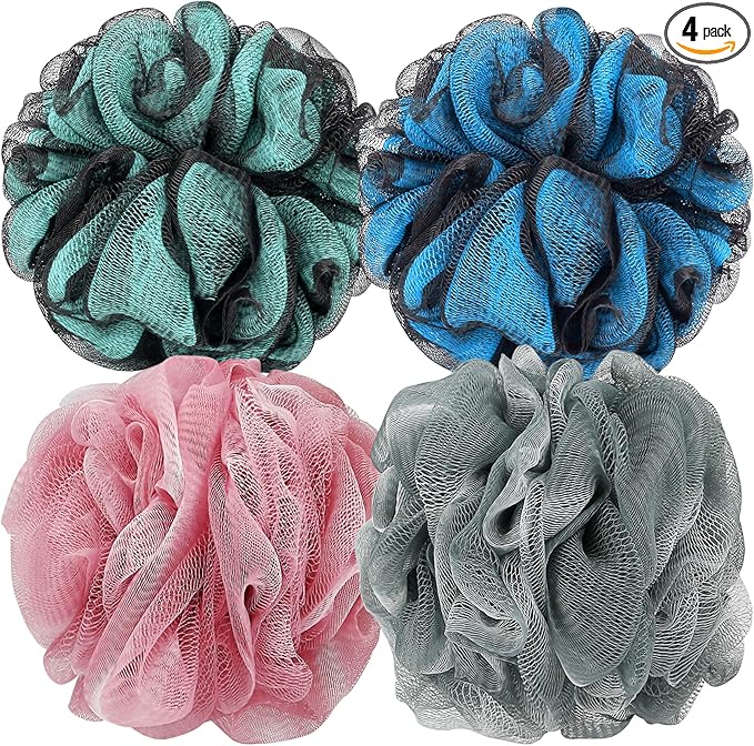 Bath Shower Loofah Sponge 60g Bath Mesh Pouf Shower Ball Body Scrubber Exfoliating Bath Sponge for Women and Men, Set of 4, Blue