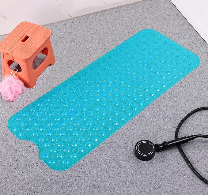 Anti-Slip Bathtub Shower mat, 39.3×15.7 inch（Approximately 100 × 40cm） Soft Oversized Machine Washable Non-Slip Bathtub mat with Drainage Holes, Bathroom Floor Suction Cup.（1-Clear Green）