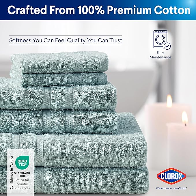 CLOROX Bleach Friendly Towels, Quick Dry, 100% Cotton Bath Towels (30" x 52"), Highly Absorbent Soft Lightweight, Ideal for Everyday Use, Easy to Wash (2 Pack, Mineral Blue)