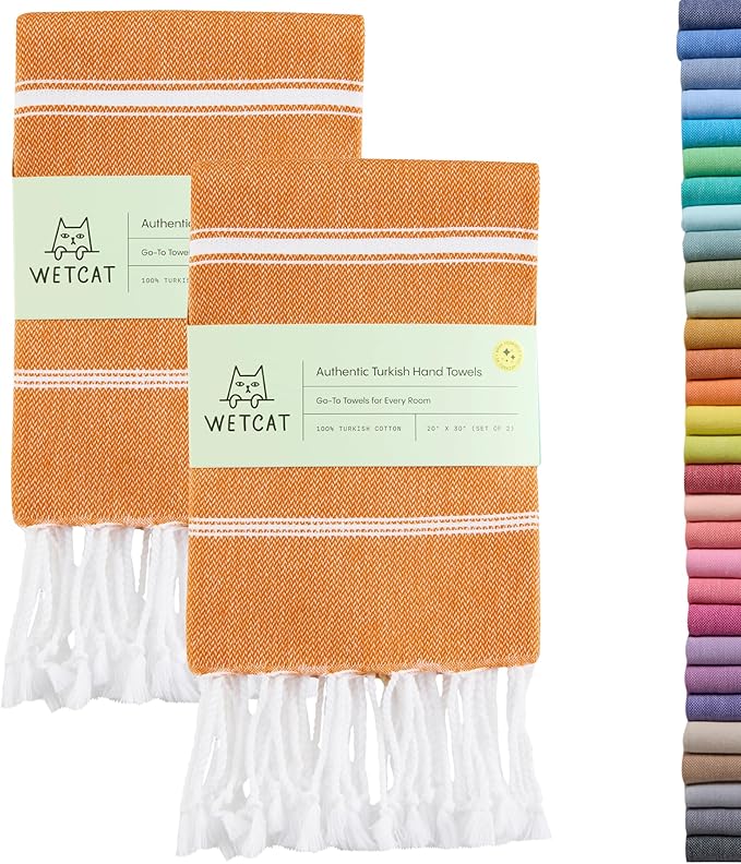WETCAT Turkish Hand Towels with Hanging Loop, Set of 2 (20" x 30") 100% Turkish Cotton, Pre-Washed, Quick Drying, for Kitchen or Bathroom - Burnt Orange