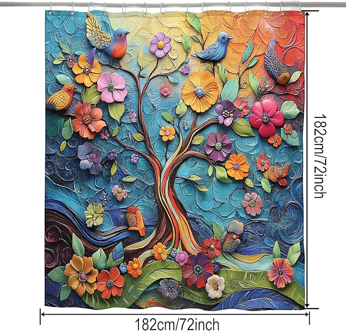 Bohemian Shower Curtain, Boho Floral Print Water Repellent Polyester Fabric for Bathroom Decor, 72×72 Inch Standard Size with 12 Hooks, Also as Room Divider