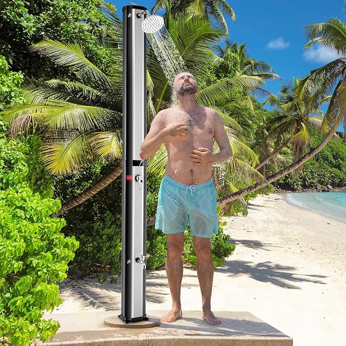 Goplus 9.3 Gallon Solar Heated Outdoor Shower, 7.2 FT Freestanding Garden Shower with 360° Swivel Shower Head, Foot Shower & Temperature Adjustment, for Poolside Backyard Beach (Silver)
