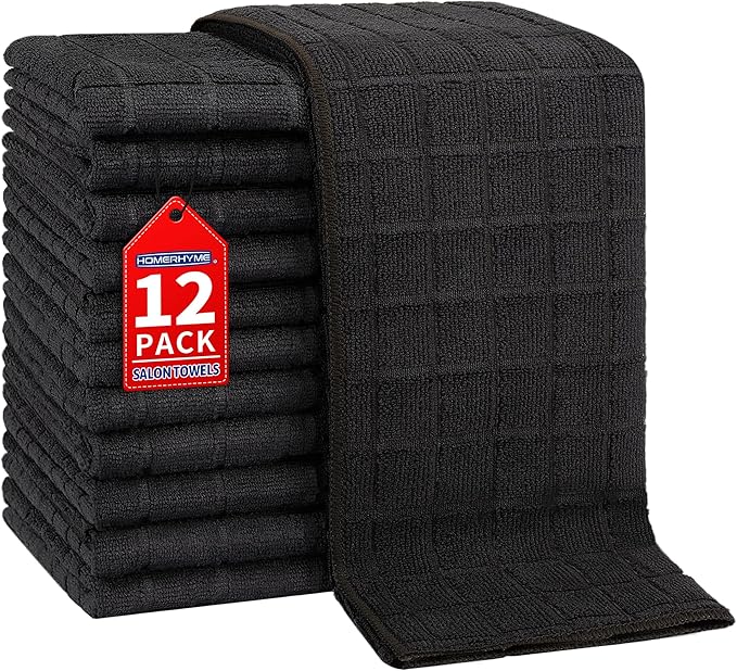 HOMERHYME Salon Towels, 12 Pack Black Hand Towels for Bathroom, 16 by 27 Inches Bulk Quick Dry Absorbent Microfiber Hair Towel, Bathroom Towels for Gym Spa Barber Pedicure Makeup & Beauty