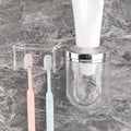 2 Slots Wall Mount Toothbrush Holder with Cover, Self Adhesive Tooth Brush Storage Organizer for Shower Bathrooms, Toothbrush Stand with Automatic Toothpaste Squeezer Dispenser