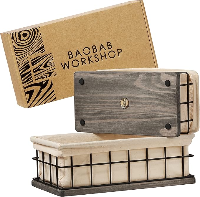 BAOBAB WORKSHOP Set of 2 Metal & Wooden Basket with Liners - Bathroom Basket Organizer & Kitchen Storage Decor - Toilet Paper Baskets for Back of Toilet Tank Tray Topper