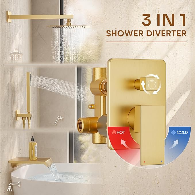 Shower System with Tub Spout, All Metal Tub Shower Faucet Set with 10-Inch Rain Shower Head and Handheld Spray combo, Wall Mounted Shower Combo Set with shower valve and Trim kit,Brushed Gold