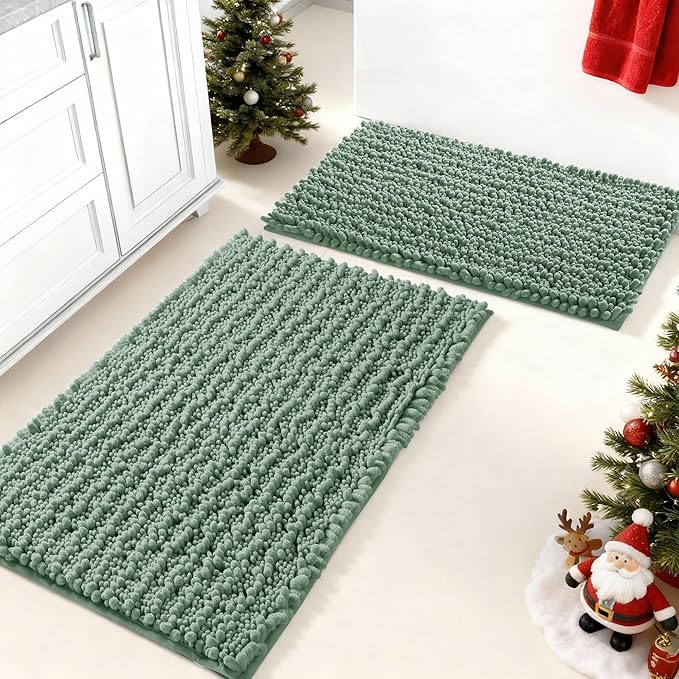 Yimobra Bathroom Rugs Sets 2 Piece - Quick Dry Extra Thick Luxury Chenille Bath Mat, Non Slip Super Absorbent for Tub Shower Sink, Machine Washable Shaggy Floor Mat, 32"x20"+24"x17" Inch, Green