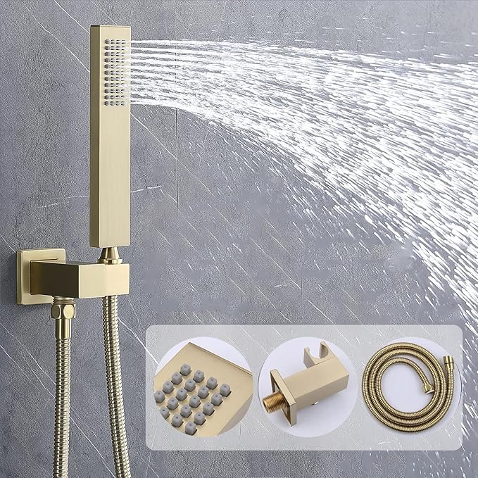 Shower Faucet Set Brushed Gold Luxury Shower System with 16X24 Inch Ceiling Mount Rainfall&Waterfall Shower Head, 6 PCS Body Jet, Handheld Spray, Digital Temperature Display 4 Way Shower