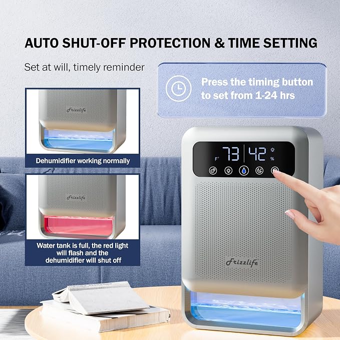 Frizzlife Air Dehumidifier, 135oz Water Tank W/Purifying Function, Quiet Small - Image 6