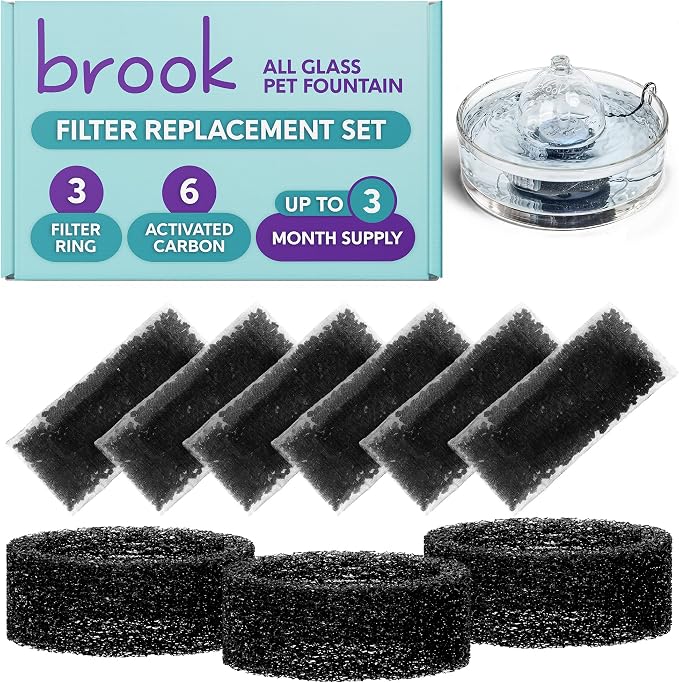 BROOK Glass Pet Fountain Filter Replacement Set – 3 Filter Rings & 6 Activated by Brook