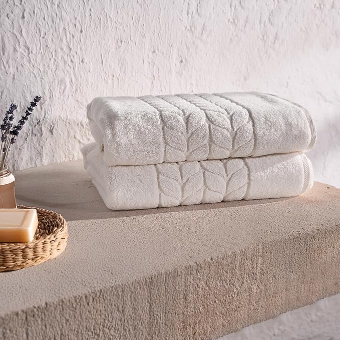BAGNO MILANO Organic Turkish Cotton Bath Towels, Luxury Jacquard Collection, Certified Organic Highly Absorbent, Soft-Plush Towel Set (Cream, 2 Pcs Bath Towel Set)