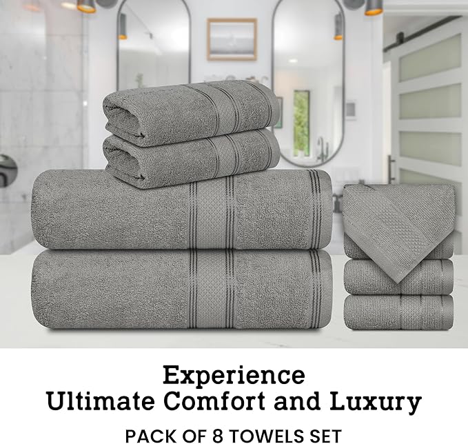 Casa Lino Bath Towel Set of 8 (2 Bath Towels, 4 Wash Cloths & 2 Hand Towels for Bathroom) - 100% Cotton - Highly Absorbent & Quick Dry - Guest Room Essentials for Bathroom Set - (Silver Grey)