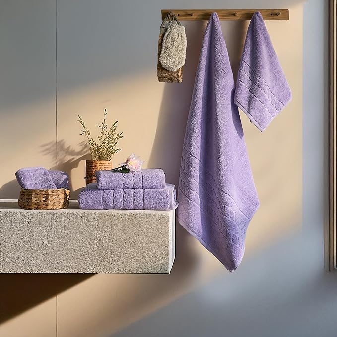 BAGNO MILANO Organic Turkish Cotton Bath Towels, Luxury Jacquard Collection, Certified Organic Highly Absorbent, Soft-Plush Towel Set (Lilac, 4 Pcs Hand Towel Set)