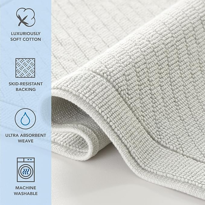 Arkwright 100% Cotton Bathroom Rug - High Absorbent Stylish Textured Woven Design Bath Mat, Slip Resistant Backing for Shower and Bathtub Floor, 24x36 in - Grey