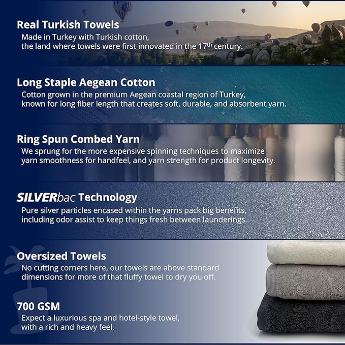 Lincoln & Palm 3 Piece Turkish Towels Set, Thick, Soft, Plush 700 GSM Spa & Hotel Quality, Silver Infused SILVERbac | Bath 58x30, Hand 30x16, Face Wash Cloth 13x13 (3 Piece Towel Set, Silver)