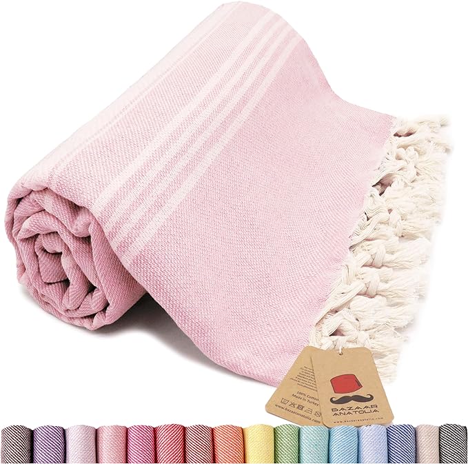 Bazaar Anatolia Turkish Beach Towel – 100% Cotton, Quick Dry, Sand Free Towel for Bathroom, Camping, Travel – Oversized 71x39 Inches – Stripe Pink