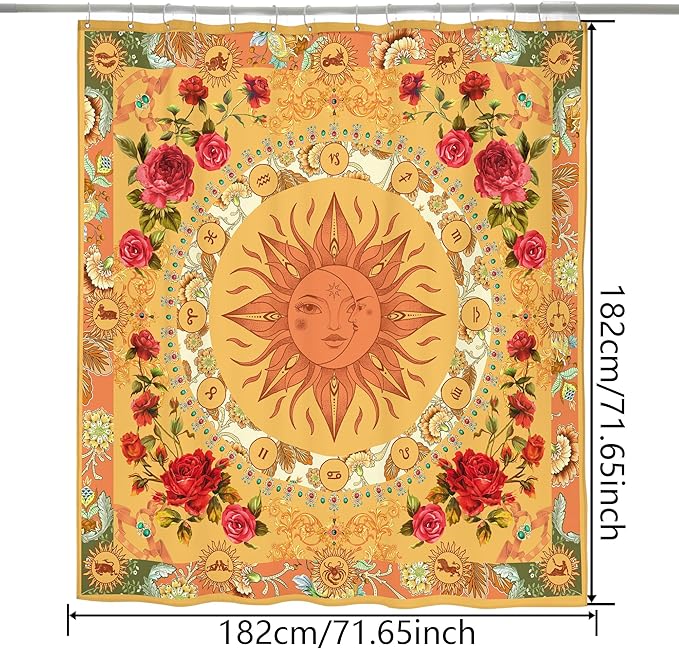 Bohemian Shower Curtain, Boho Floral Print Water Repellent Polyester Fabric for Bathroom Decor, 72×72 Inch Standard Size with 12 Hooks, Also as Room Divider