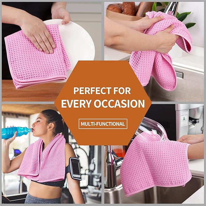 Microfiber Waffle Hand Towels, 4 Pieces, Soft, Absorbent, Fast Drying, Lint Free (Pink)