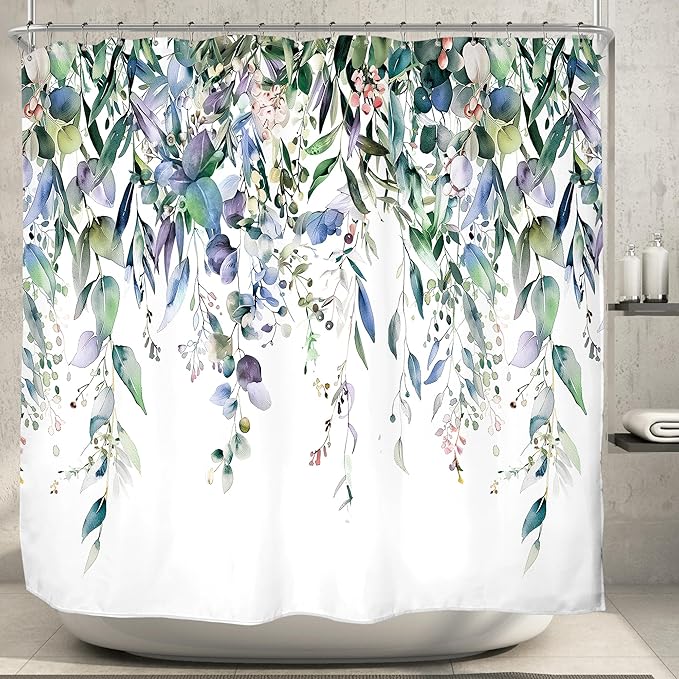 Riyidecor Clawfoot Tub Extra Wide Wrap All Around Circular Round Shower Curtain for Bathroom Decor 180Wx70H Eucalyptus Plants Art Printed Fabric Polyester Waterproof 32 Pack Plastic