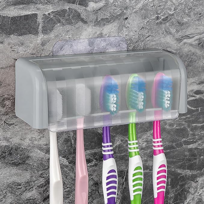 LUEXBOX 5 Slots Wall Mount Toothbrush Holder with Cover, Self Adhesive Toothbrush Storage Organizer for Shower, Toothbrush Hanger for Bathroom, Medicine Cabinet, Dorm (Grey)
