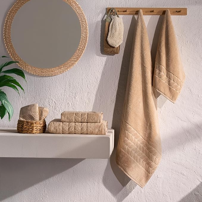 BAGNO MILANO Organic Turkish Cotton Bath Towels, Luxury Jacquard Collection, Certified Organic Highly Absorbent, Soft-Plush Towel Set (Latte, Bathsheet)
