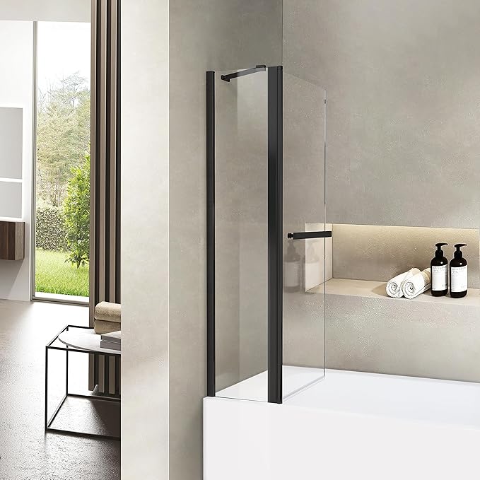 Bathroom Pivot Tub Glass Door 36" W*55" H, Folding Bathtub Shower Door Screen with Tempered Glass, Frameless Glass Shower Door with Handle and Support Rod in Matte Black