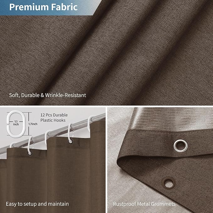 2-in-1 Waterproof Fabric Shower Curtain or Liner,Linen Textured,Breathable TPU & Washable Bathroom Shower Curtain Set with 12 Plastic Hooks,Modern,72"x72" Brown