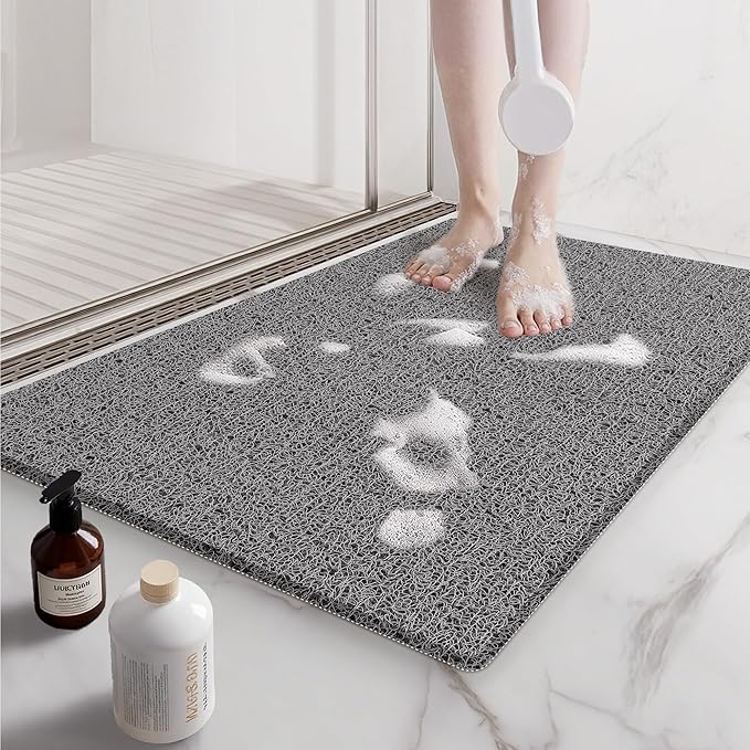 Mecko Non-Slip Shower Mat, Anti-Slip Bath Mat with Foot Scrubber – Quick-Drying Loofah Texture for Indoor and Outdoor Use, Bathtubs and Wet Areas (Grey, 17"x30")
