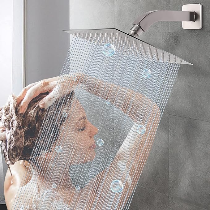 HarJue Shower Arm with Flange and Teflon Tape, Wall Mounted Square Shower Pipe 304 Stainless Steel Extension Arm for Fixed Shower Head & Handheld Shower (6 Inch, Brushed Nickel)