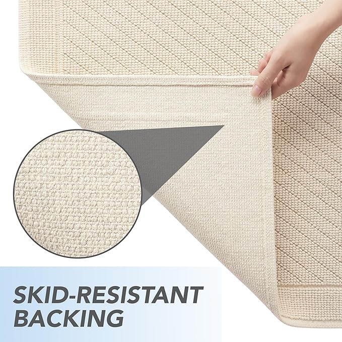 Arkwright 100% Cotton Bathroom Rug - High Absorbent Stylish Textured Woven Design Bath Mat, Slip Resistant Backing for Shower and Bathtub Floor, 20x32 in - Beige
