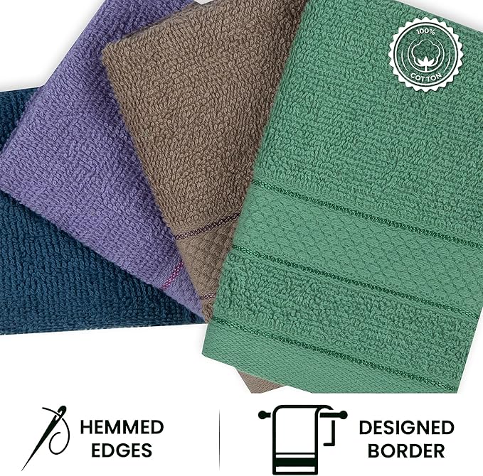 Casa Lino Face Towels & Body Wash Cloths for Showering - 100% Cotton Wash Cloths for Bathroom - Highly Absorbent & Quick Drying Washcloth Set - Cotton Washcloths 24 Pack (12" x 12") - (Multicolor II)