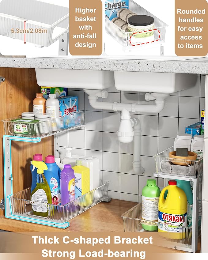 UMDONX Under Sink Organizer 2-Pack Adjustable Bathroom Under Sink Pull-Out Organizer with 5 Adjustable Heights for Kitchen, Bathroom & Laundry Storage