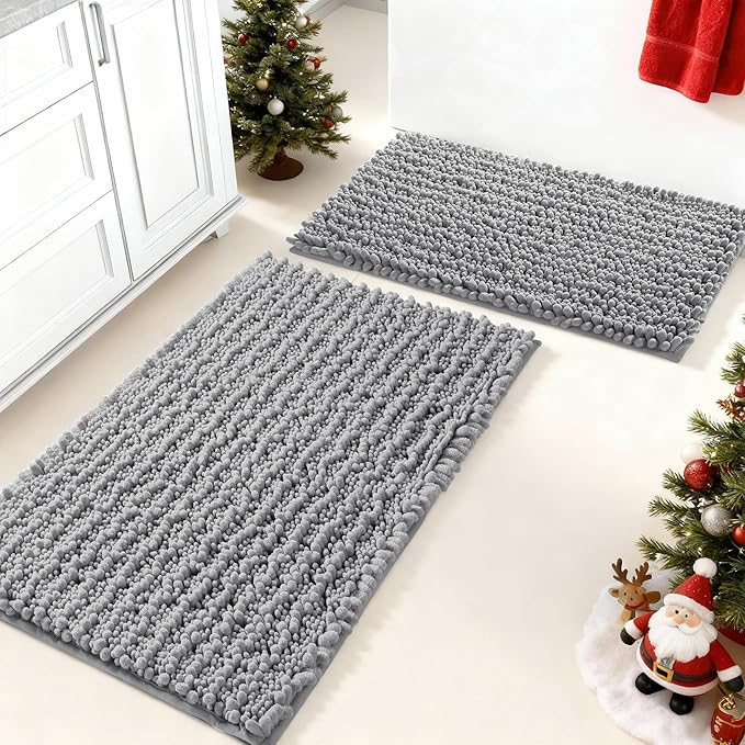 Yimobra Bathroom Rugs Sets 2 Piece - Quick Dry Extra Thick Luxury Chenille Bath Mat, Non Slip Super Absorbent for Tub Shower Sink, Machine Washable Shaggy Floor Mat, 32"x20"+24"x17" Inch, Grey