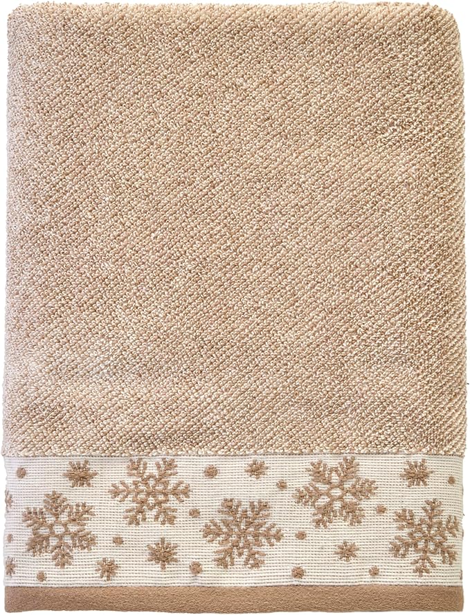 SKL Home Christmas/Winter Heather Snowflake 100% Cotton Premium Bath Towel, 500 GSM, Soft & Absorbent Jacquard, Decorative, Tan
