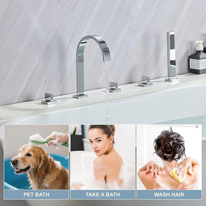 High Arc 5 Hole Roman Tub Filler with Handheld Showerhead Bathroom Widespread Waterfall Bathtub Faucet Set Deck Mounted, Chrome