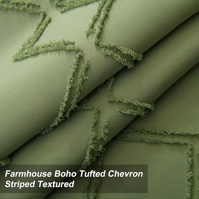 Long No Hook Tufted Chevron Striped Shower Curtain with Snap-in PEVA Liner Set - 72" x 86", Hotel Style with See Through Top Window, Water Repellent Fabric Shower Curtain Sage Green