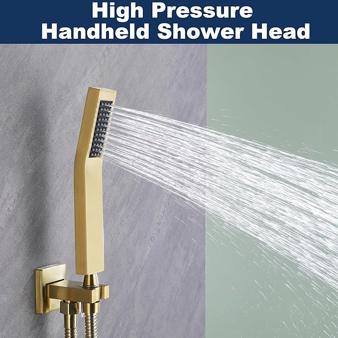 Gold Shower System with Tub Spout, All Metal Bathtub Shower Faucet Set with High Pressure 10 Inch Rain Shower Head and Handheld Shower Head Set, Brushed Gold (Valve Include)