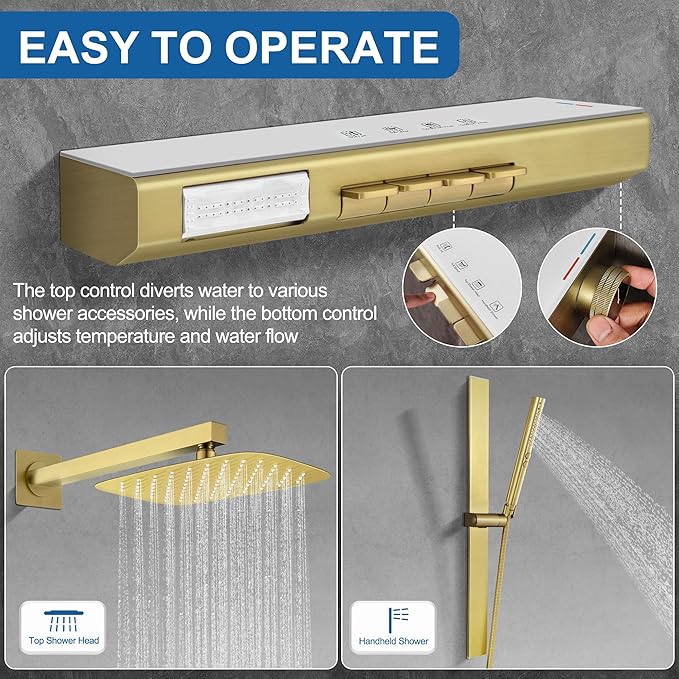 Brushed Gold 12" Rainfall Shower System with Handheld & Body Jets, Wall-Mounted Rain Shower Kit with Slide Bar Combo, Pressure-Balanced Valve with Tempered Glass Shelf & Waterfall Spout Shower Set
