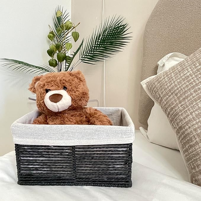 GYASVWU Hand-Woven Paper Rope Storage Baskets,Rectangular Wicker Baskets for Organizing,Decorative Woven Basket for Storage,Shelf Basket for Living Room,Storage Baskets for Pantry (Black - Large)