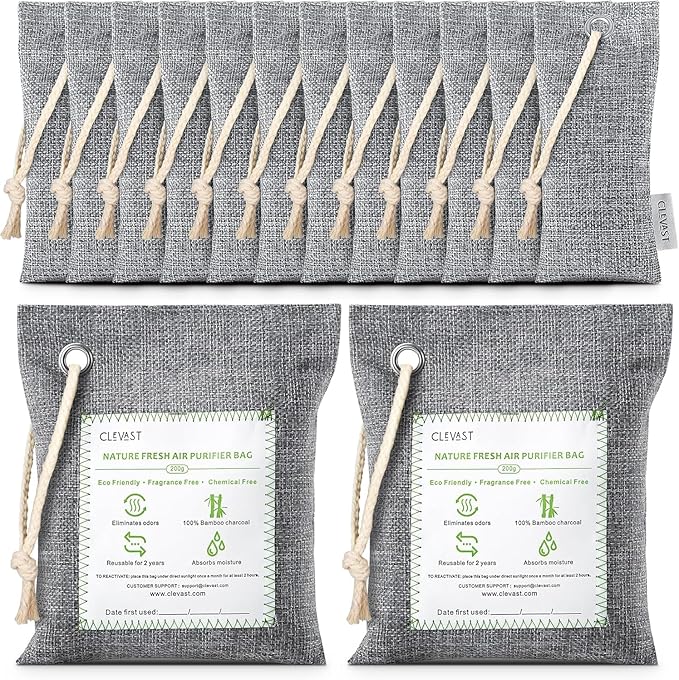 CLEVAST 14 Pack Activated Bamboo Charcoal Air Purifying Bags(2x200g, 12x50g), Natural Fresh Odor Absorber, Deodorizer and Moisture Eliminator, Air Purifier Bags for Home