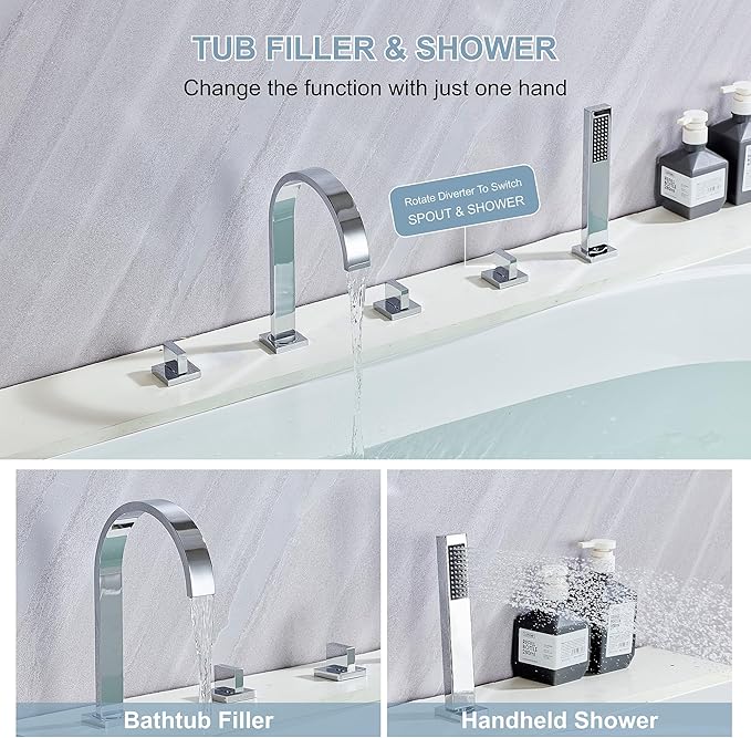 High Arc 5 Hole Roman Tub Filler with Handheld Showerhead Bathroom Widespread Waterfall Bathtub Faucet Set Deck Mounted, Chrome