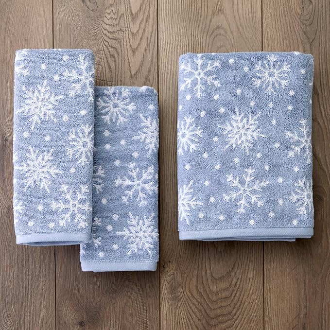 SKL Home Christmas/Winter Scattered Snowflakes 100% Cotton Premium Bath Towel, 500 GSM, Soft & Absorbent, Reversible Jacquard, Decorative, Blue/White