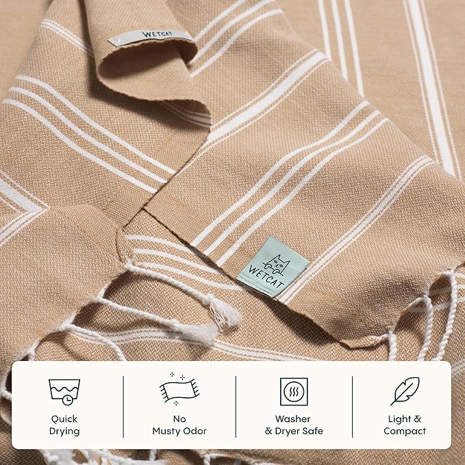 WETCAT Turkish Hand Towels with Hanging Loop, Set of 2 (20" x 30") 100% Turkish Cotton, Pre-Washed, Quick Drying, for Kitchen or Bathroom - Tawny Brown