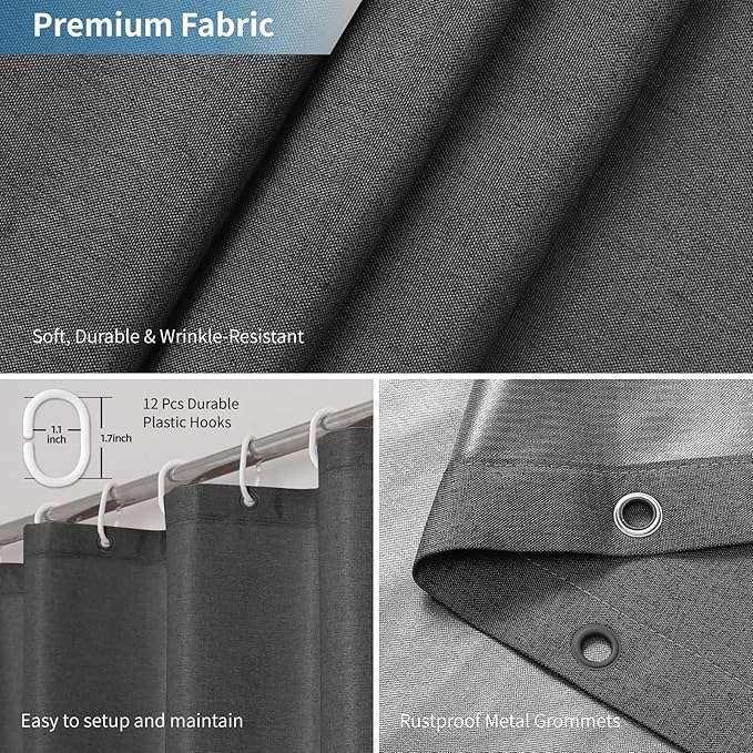 2-in-1 Waterproof Long Fabric Shower Curtain or Liner,Linen Textured,78 Inch Breathable TPU & Washable Bathroom Shower Curtain Set with 12 Plastic Hooks,Modern,72"x78" Charcoalgrey