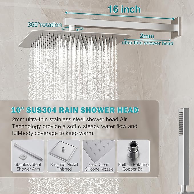 Brushed Nickel Shower System, Shower Faucet Set with 10-Inch Rain Showerhead and Handheld Spray, Wall Mounted High-Pressure Showerhead Combo Set Included Valve and Trim, Brushed Nickel