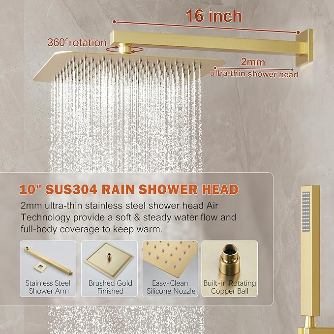 Gold Shower System, Shower Faucet Set with 10-Inch Rain Showerhead and Handheld Spray, Wall Mounted High-Pressure Showerhead Combo Set Included Valve and Trim, Brushed Gold