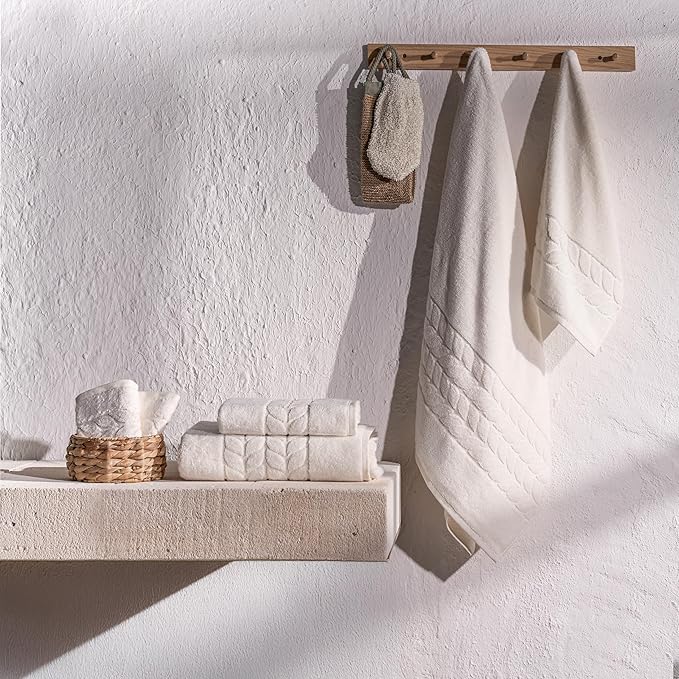 BAGNO MILANO Organic Turkish Cotton Bath Towels, Luxury Jacquard Collection, Certified Organic Highly Absorbent, Soft-Plush Towel Set (Cream, 4 Pcs Hand Towel Set)