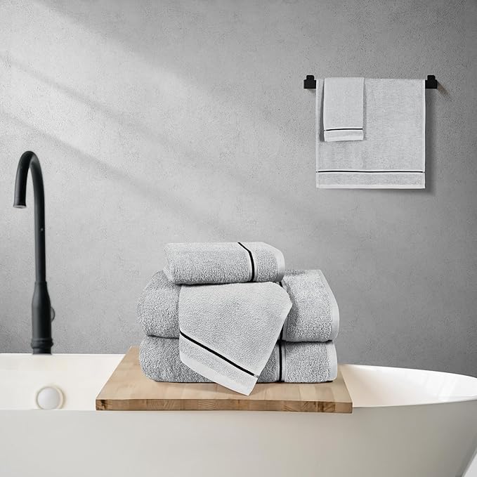 MyOwn Ultra Soft 6 Pack Cotton Towel Set, Contains 2 Bath Towels 28x55 inch, 2 Hand Towels 16x24 inch & 2 Wash Coths 12x12 inch, Ideal Everyday use, Compact & Lightweight - Light Grey