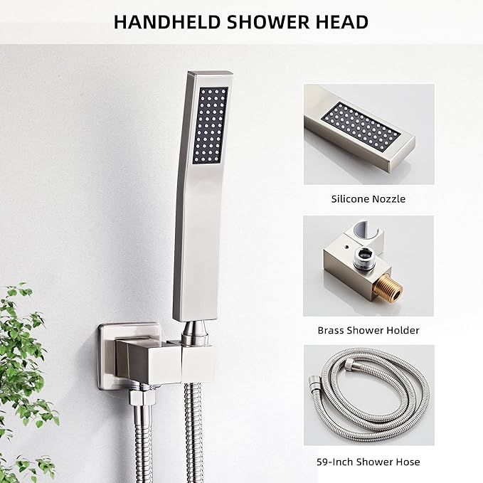 Shower Faucet Set, Rainfall Shower System Complete Wall Mounted for Bathroom with 12 Inch Shower Head and Handheld Rain Mixer Combo Kit with Shower Valve and Shower Trim, Brushed Nickel