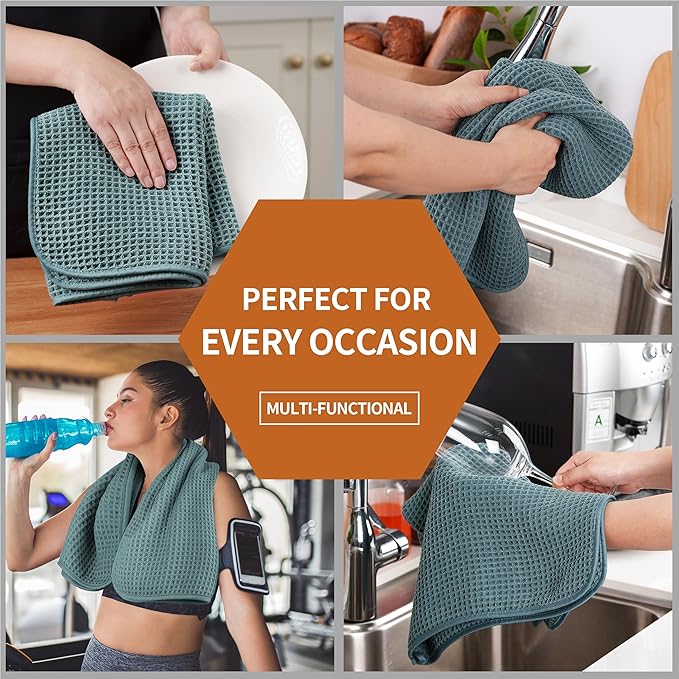 Microfiber Waffle Hand Towels, 4 Pieces, Soft, Absorbent, Fast Drying, Lint Free (Green)